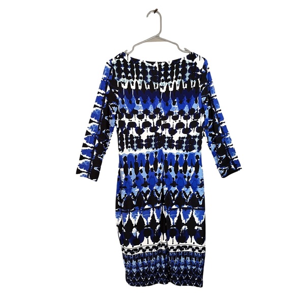 Joseph Ribkoff Abstract Print Stretch Knit Blue Black White Sheath Dress 8 - Picture 6 of 13